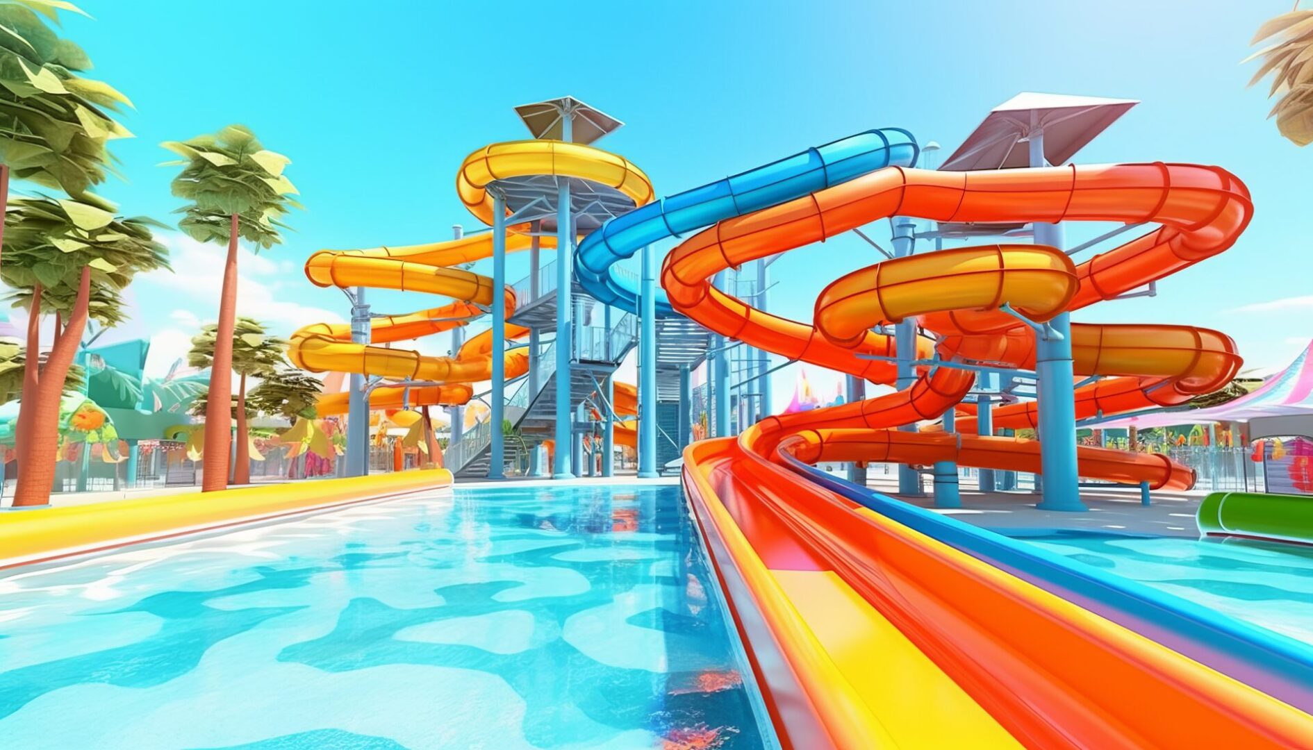 Empty colorful waterslides in the resort aquapark with sea view,